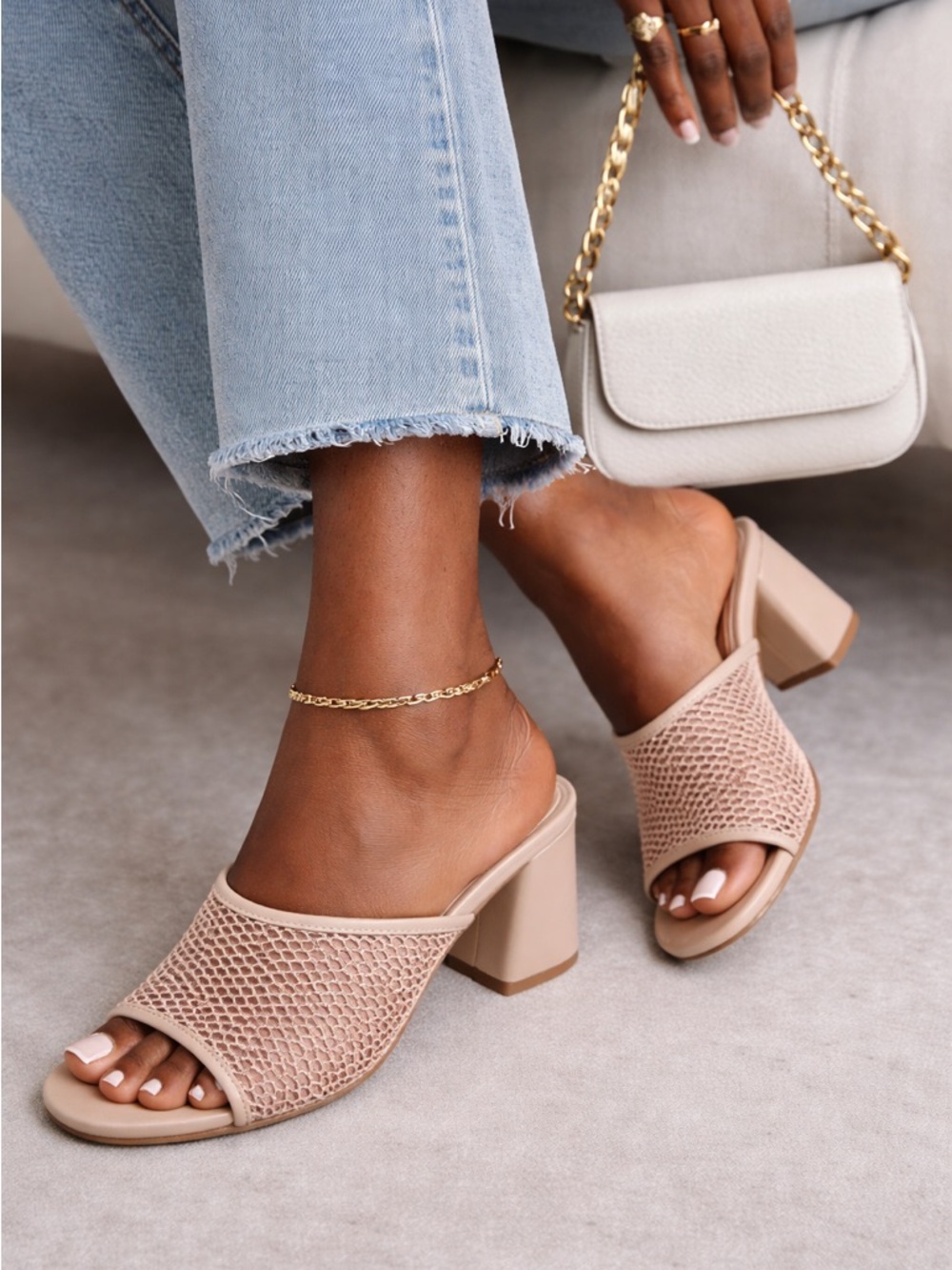 Open Edit Colette Mesh Mule Heels Beige Block Heel Sandals Size 11
